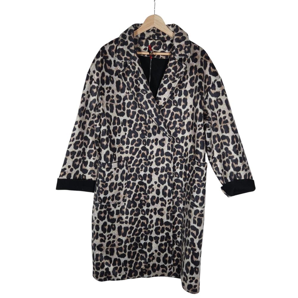 Imperial Womens Coat XS Leopard Print Beige Black Collared Oversized Long Jacket
